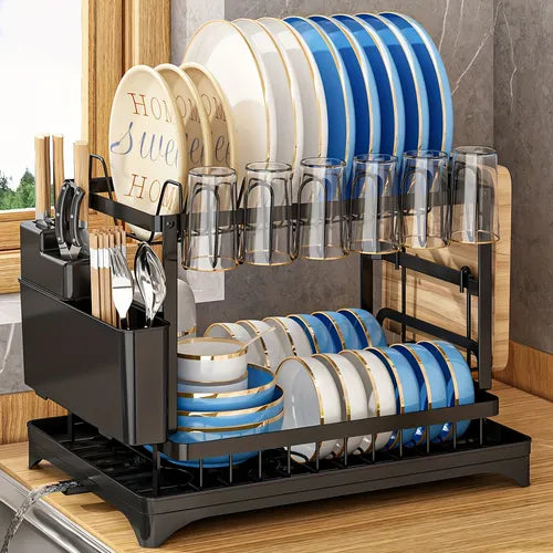 1 Set Dish Rack, 2 Tier Dish Drying Rack, Rustproof Kitchen Dish Drying Rack With Drainboard And Utensil Holder For Kitchen Countertop, Kitchen Accessories