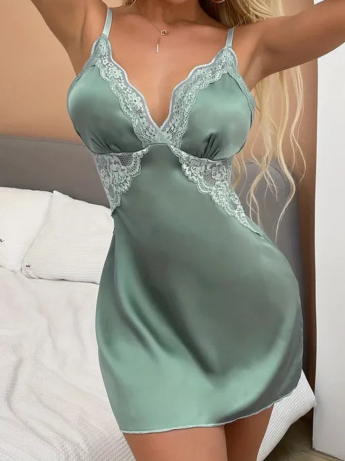 Sultry Contrast Lace Slip Dress, Deep V Backless Babydoll, Women's Sex