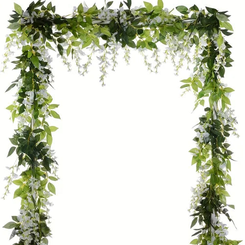2pcs, 6Ft/Piece Artificial Flowers Silk Wisteria Garland Artificial Wisteria Vine Rattan Silk Hanging Flower For Home Garden Outdoor Ceremony Wedding Arch Floral Decor (White)