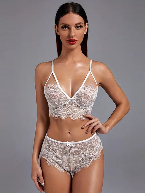 优雅花卉蕾丝内衣套装,镂空扇贝边文胸和网状厚脸皮内裤,女式性感内衣和内衣