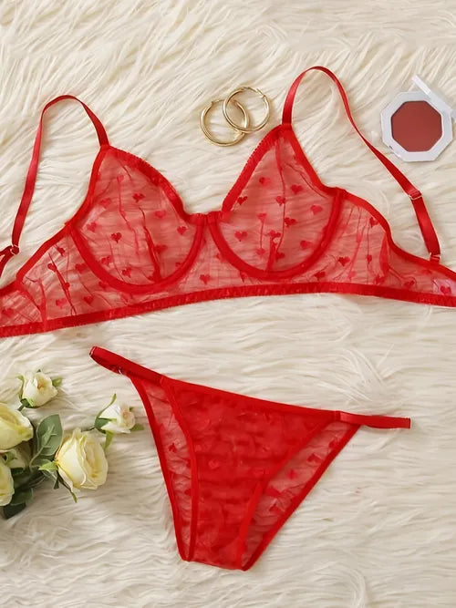 2-piece Mesh Love Embroidery Matching Lingerie Set, Semi-Sheer Erotic Bra & Cheeky Panties, Women's Lingerie & Underwear
