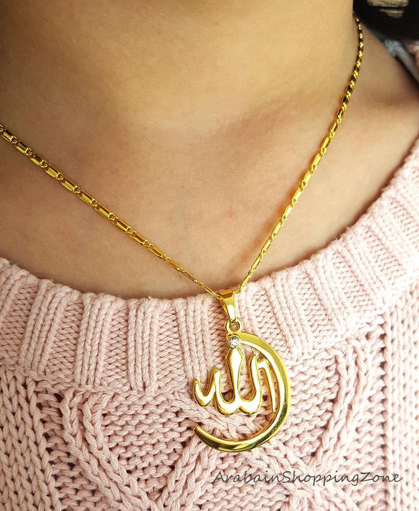 Allah Name Pendant Necklace For Women Silver-Gold Color Zirconia - Islamic Shop