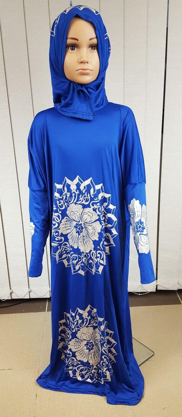 Girls Maxi Silver Print Dress Kids Long Sleeve Holiday Abaya Islamic 6-14T - Arabian Shopping Zone