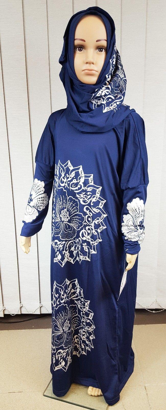 Girls Maxi Silver Print Dress Kids Long Sleeve Holiday Abaya Islamic 6-14T - Arabian Shopping Zone