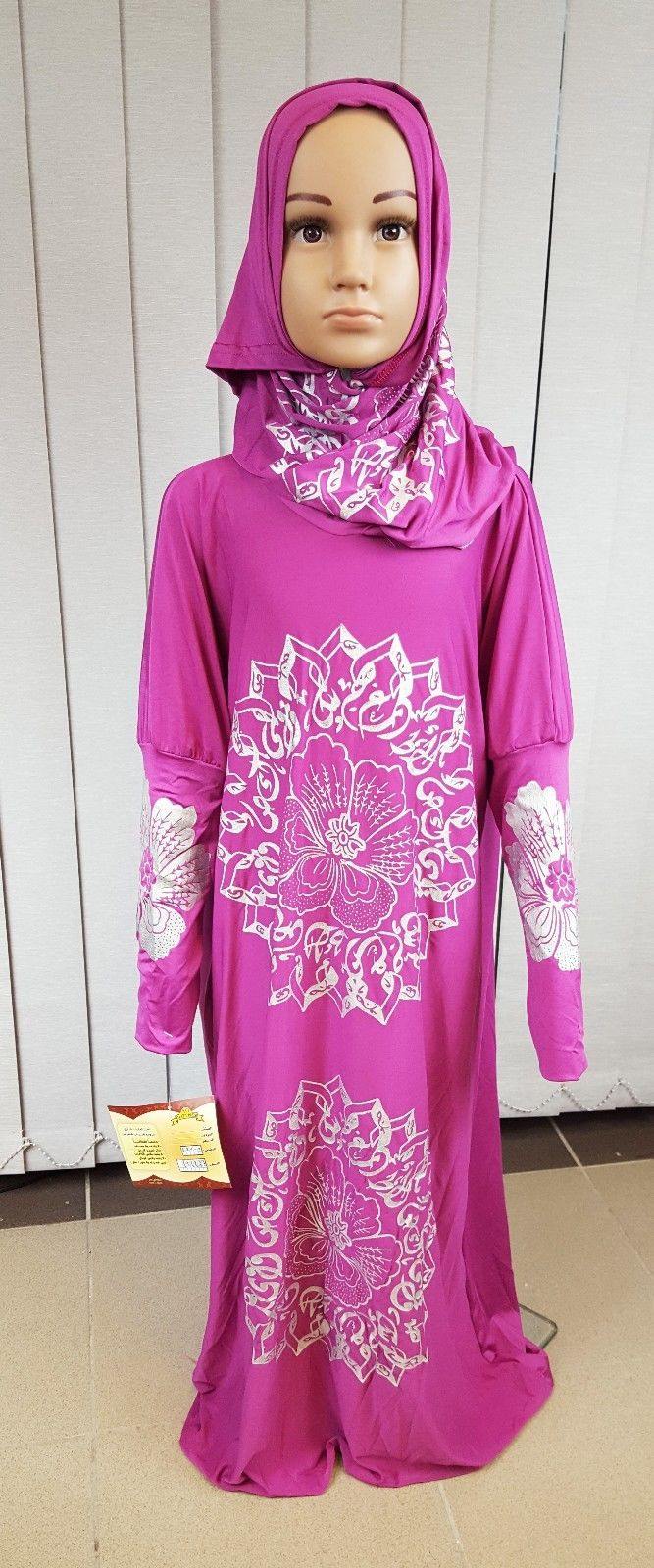Girls Maxi Silver Print Dress Kids Long Sleeve Holiday Abaya Islamic 6-14T - Arabian Shopping Zone
