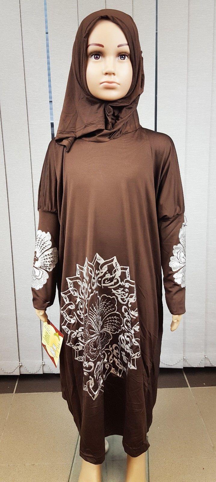 Girls Maxi Silver Print Dress Kids Long Sleeve Holiday Abaya Islamic 6-14T - Arabian Shopping Zone
