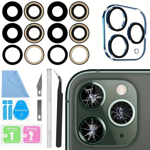 2 件 Fixcella 后置摄像头镜头玻璃替换件适用于 iPhone 11 Pro 和 11 Pro Max 相机镜头替换件带预装粘合剂 + 1 件相机镜头保护膜、钢化玻璃 + 维修工具套件