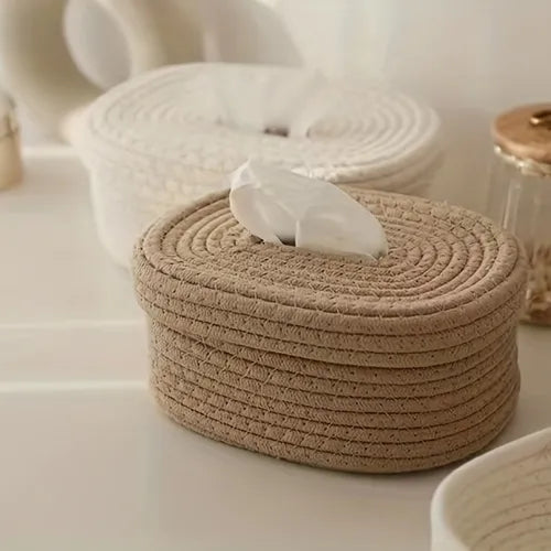 1pc Rope Tissue Box, Oval Storage Box With Lid, Wipes Paper Storage Case, Mask Storage Basket Suitable For Bedroom Living Room Office, 8.27*6.5*4.14in