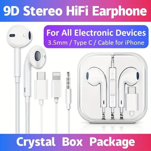 Earphone With Microphone Stereo HiFi 9D Surround Sound 3.5mm Type C Cable For IPhone Great Sound Quality Volume Control Noise Reduction Waterproof Dustproof Biomimetic Design Comfortable To Wear Crystal Box Package