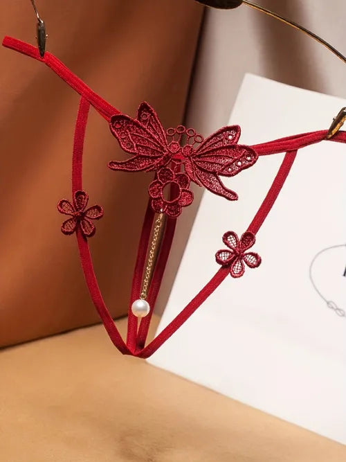 ثونغ مطرز بالزهور المشاغب، سراويل داخلية مجوفة للديكور مفتوحة المنشعب، ملابس داخلية وملابس داخلية نسائية