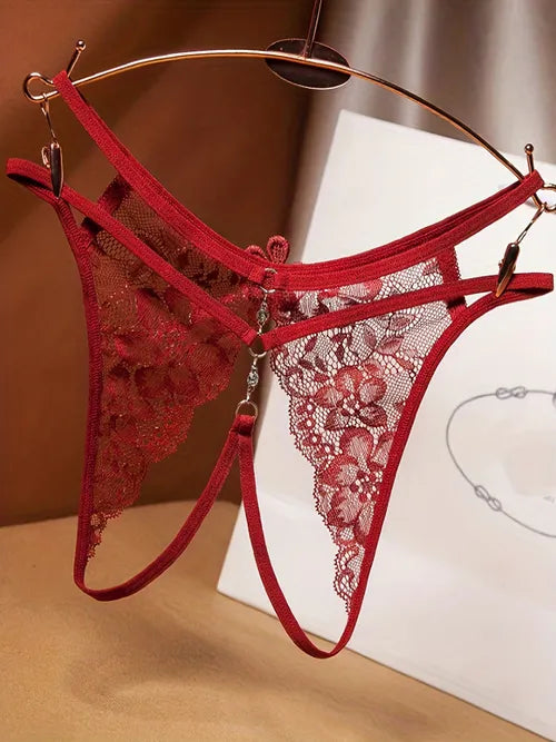 Floral Lace Panties, Ultra-thin Open Crotch Sheer Panties, Women's Sexy Lingerie & Underwear