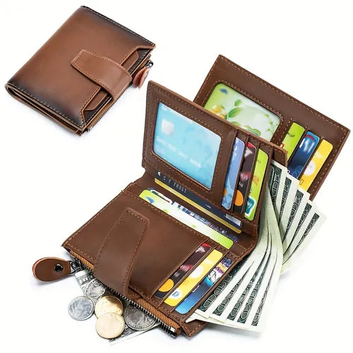 1pc Real Cowhide Anti-theft Brush Men's Short Multi-function Retro Leather Wallet RFID Wallet Driver's License Wallet Men