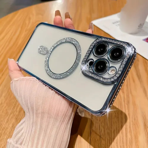 Magnetic Clear Blue For IPhone 14 Pro Max Case With Glitter Rhinestones
Transparent Luxury Plating Wireless Charging Phone Cover