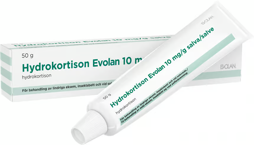 A tube of Hydrocortisone Evolan 10mg/g ointment with its packaging box. The packaging is predominantly white and green with text detailing the product name and dose information.