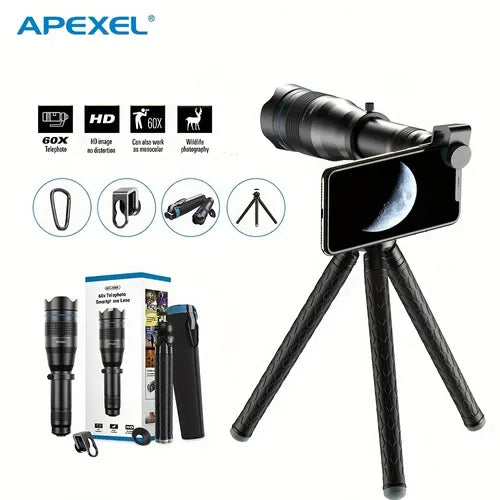 APEXEL HD 60 倍望远镜长焦镜头手机镜头带三脚架远程快门适用于 iPhone12 三星华为小米大多数智能手机
