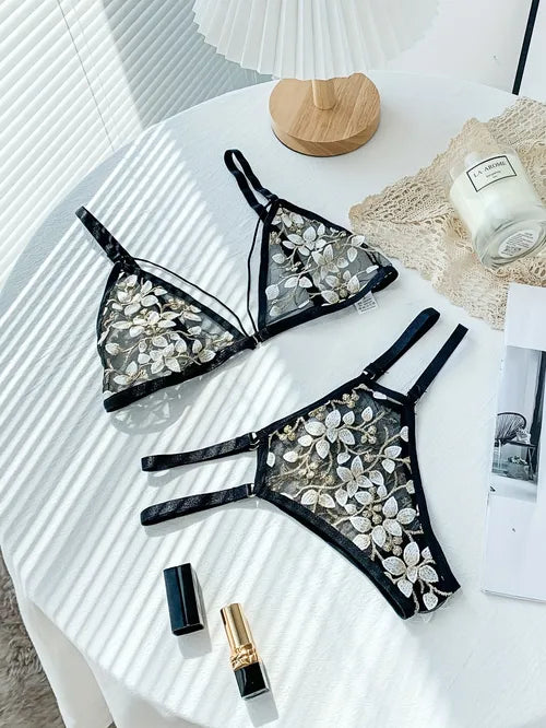 花卉刺绣内衣套装,三角罩杯网状文胸和双丝带内裤,女式性感内衣和内衣