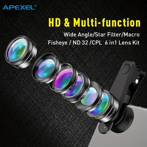 APEXEL 6-in-1 Mobile Lens Kit Wide Angle Macro Lens Fish Eye CPL Filter Lens For IPhone, Samsung, Xiaomi, Android, And All Smartphones