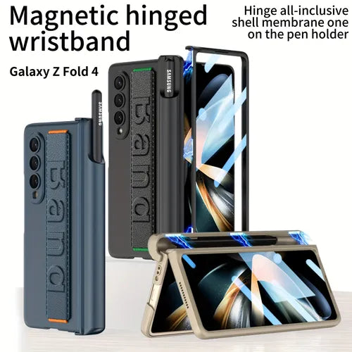 适用于三星Fold4手机壳,全覆盖,防摔,磁吸,铰轴保护,笔座,可插入笔壳贴膜,一体式镜头保护
