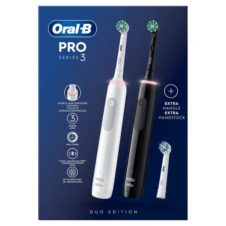 Oral-B Pro 3 Duopack, 2 Electric Toothbrushes, 3 Heads