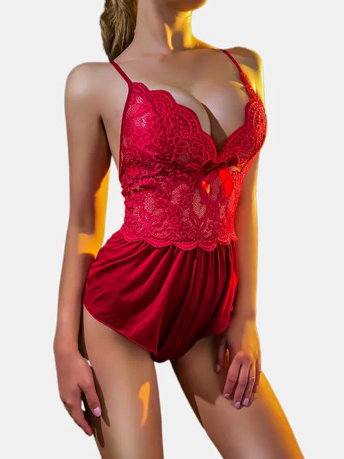 Sexy Lace Cami Badydoll, Semi-sheer Deep V Bodycon Mini Dress Chemise For Valentine's Gifts, Women's Lingerie & Underwear