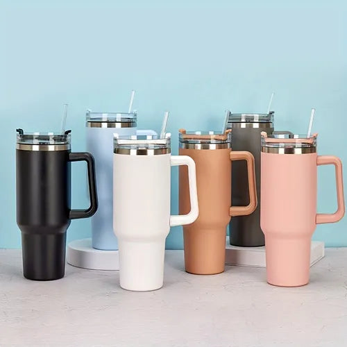 1pc Stainless Steel Thermal Cup, Large Mug Travel Water Bottle With Handle, Stanley Cup, Double Wall Insulated Cup, Vacuum Tumbler With Handle Straw, Portable Car Handy Tumbler Cup With Handle, 40oz, Father's Day Gifts