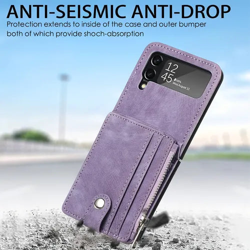 紫色皮革拉链手机壳带卡座适用于三星 Galaxy Z Flip 4 Flip3