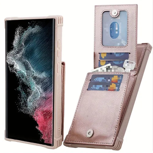 Galaxy S22 Ultra 5G 钱包式手机壳男女款,皮革磁扣翻盖对开式手机套,带信用卡夹和零钱袋