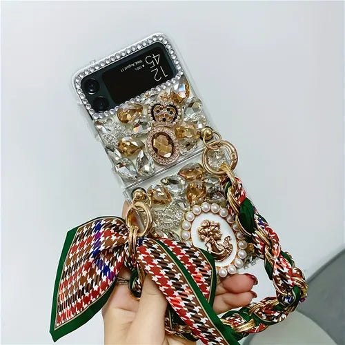 原装三星 Galaxy Z Flip3 水钻手机壳适用于 Galaxy Z Flip4 可折叠屏幕保护壳,女士手工人造钻石手机壳适用于三星 W23 Flip