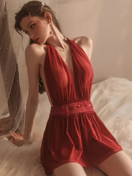 Lace Stitching Pajama Dresses, Sexy Plunging Halter Neck Backless Mesh Nightdress, Women's Sleepwear & Dresses