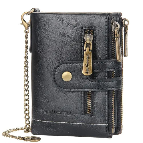 Men's Bifold Wallet, Genuine Leather Wallets RFID Blocking Card Holder With Anti-Theft, Chain Minimalist Purse Zipper Coin Pocket With ID Window, Gifts To Men On Valentine's Day
