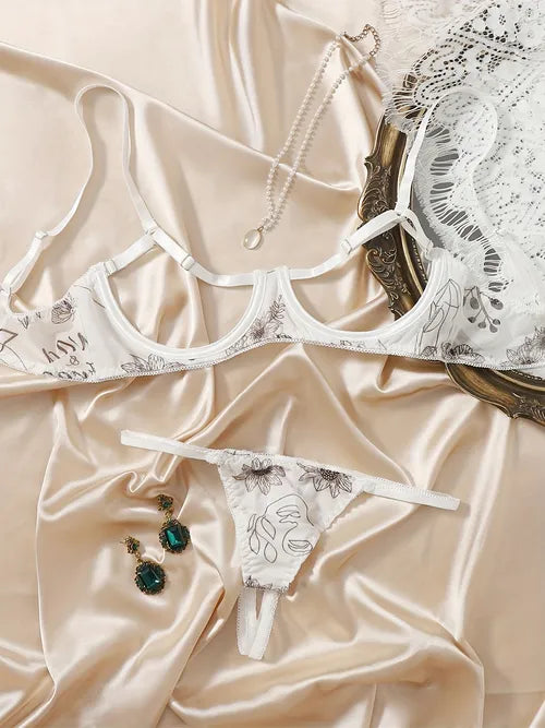 性感印花内衣套装,中空开胸文胸和开裆内裤,女式性感内衣和内衣