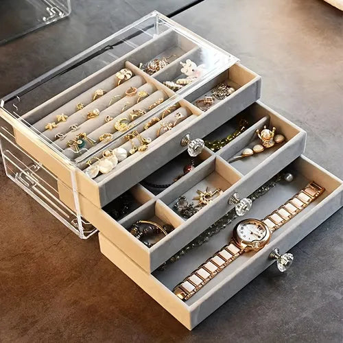 1 件亚克力首饰收纳盒,3 层法兰绒抽屉式首饰盒,耳环收纳首饰盒