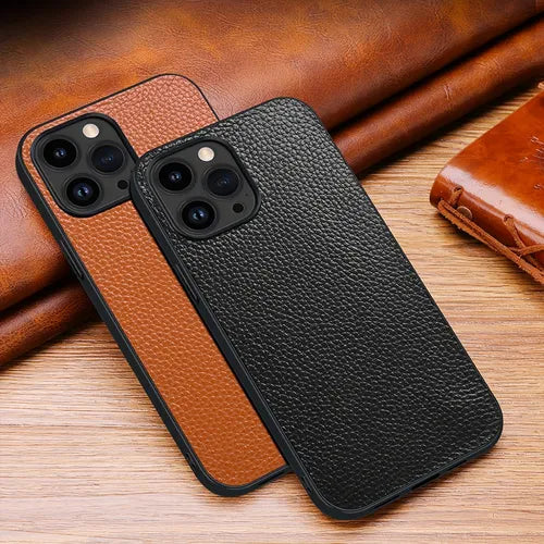 Lychee Pattern Genuine Cowhide Leather Ultra Slim Shockproof Case Back Cover For Apple IPhone 12 13 14 Pro Max
