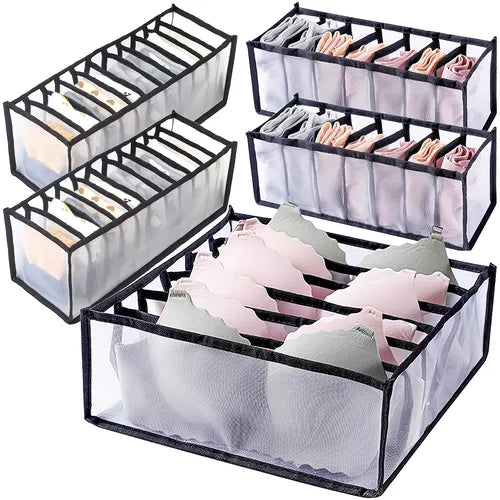 5 Pack Foldable Nylon Bra Organizer, Closet Underwear Organizer Drawer Divider, Bra Underwear Drawer Organizer For Women Includes 6/7/7/11/11 Cell For Lingerie, Underwear, Socks, Ties (Black)