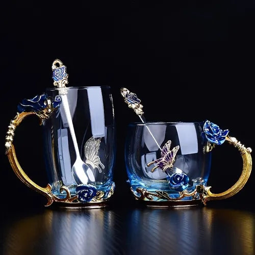 1pc Rose Enamel Crystal Tea Cup, Coffee Mug, Tumbler Butterfly Rose Painted Flower Water Cups, Clear Glass With Spoon Set