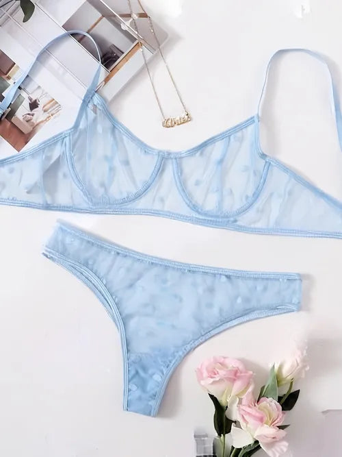 2-piece Solid Mesh Dots Erotic Lingerie Set, Thin Semi-Sheer Bra & Cheeky Panty, Women's Lingerie & Underwear
