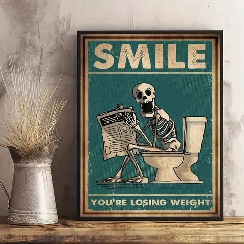 1pc Retro Canvas Poster Skeleton Skull Read Newspaper In Toilet Smile You're Losing Weight Poster, Vintage Poster Wall Art Home And Room Decor No Frame