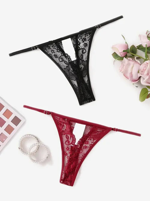 2pcs Lace Open Thong G-String Underwear, Charm Panties Low Rise Nightwear for Valentine's Day, Women's Lingerie & Underwear