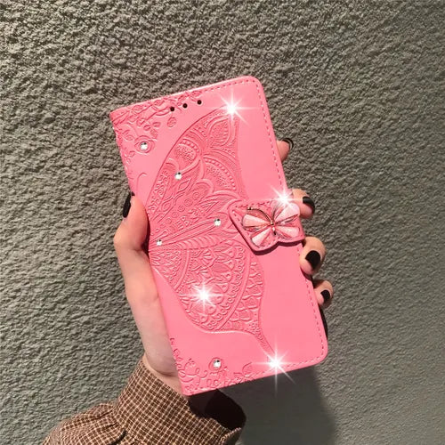 适用于 iPhone 11 13 14pro 手机壳闪光闪亮带卡夹和支架皮革翻盖钱包蝴蝶防震保护壳适用于 iPhone 11 6.1 英寸水晶