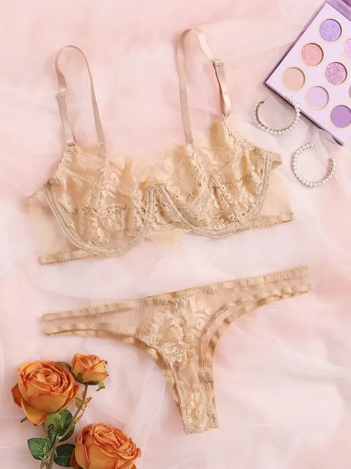 2-piece Solid Lace Trim Lingerie Set, Floral See Through Mesh Bra & Cheeky Panty, Women's Lingerie & Underwear