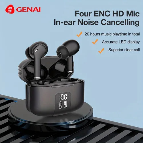 GENAI 无线耳塞,BT V5.3 耳机,带 ENC 高清麦克风,TWS 耳机,深沉低音,入耳式降噪,20H 无线耳机 IPX5 防水耳塞式耳机,带双麦克风低延迟 LED 电池显示