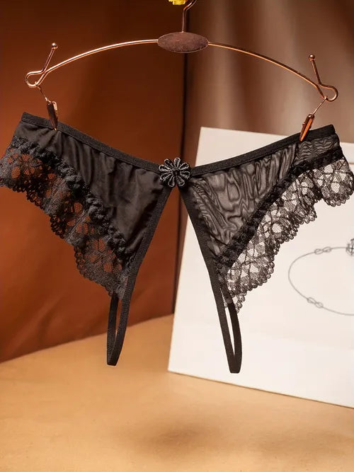 Lace Trim Mesh Briefs, See Through Open Crotch Stretch Panties, Women's Sexy Lingerie & Underwear