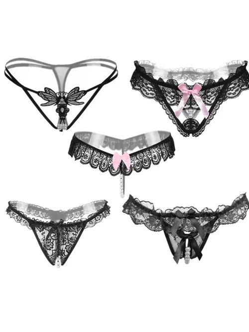 5 Pack] Sexy Lace Thongs & G-Strings, Sheer & Skimpy Black Lace Trim