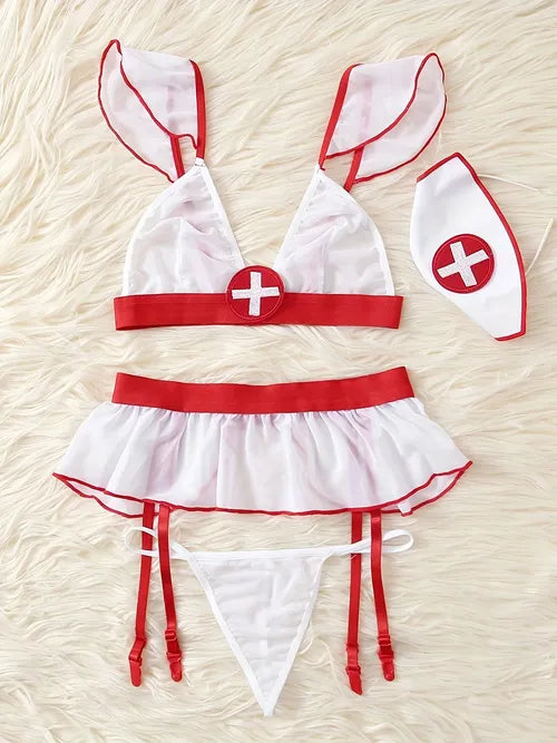 زي شبكي للممرضة المشاغب، حمالة صدر شفافة وسراويل داخلية على شكل حرف G على شكل أكواب مثلثة، ملابس داخلية وملابس داخلية مثيرة للنساء