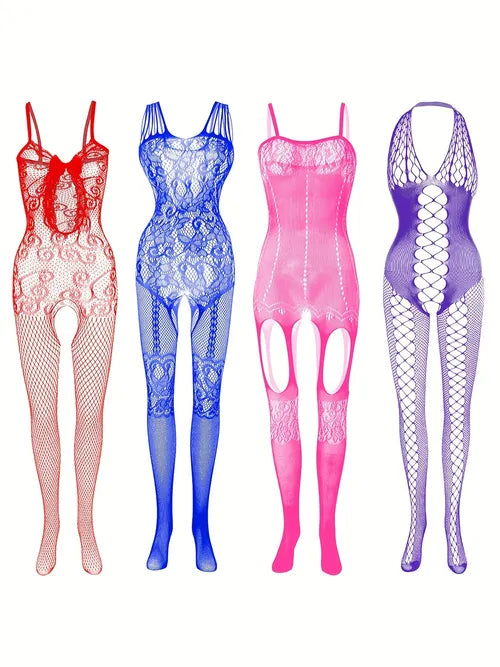 4 Sets Sultry Fishnet Bodystockings, Hollow Out Sleeveless Open Crotch Jacquard Bodystocking, Women's Lingerie & Underwear
