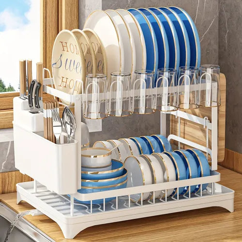 1 PC Dish Drying Rack, 2 Tier Dish Rack With Drainboard, Multifunctional Dish Drainer, Dish Drying Racks With Cutting Board Holder, Utensil Holder, Cup Holder, Kitchen Accessories, White/Black