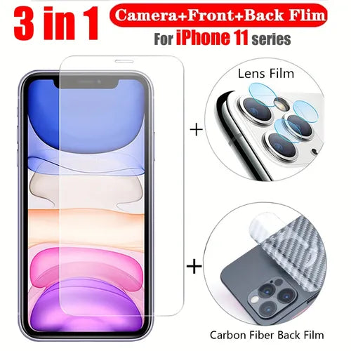 3 IN 1 Phone Protector Set For Apple IPhone 11 / IPhone 11 Pro / IPhone 11 Pro Max Lens Screen Protector + Carbon Fiber Texture Back Protective Film + Front Full Curved Tempered Glass