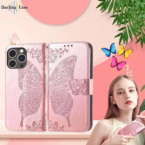 优质 PU 字母保护套全保护手机壳适用于 iPhone 14 13 12 11 Pro Max 大蝴蝶浮雕彩色印刷图案翻盖手机壳