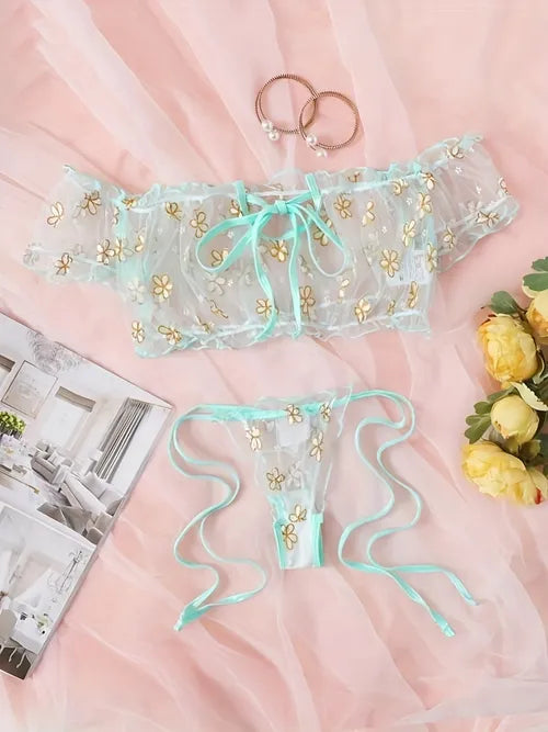 Floral Print Mesh Lingerie Set, Sheer Ruffle Crop Top & Lace Up Thong, Floral Print Mesh Lingerie Set, Sheer Ruffle Crop Top & Lace Up Thong,