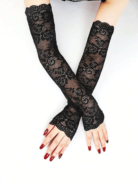 1 Pair Fashionable Women's Simple Long Ice Silk Lace Arm Sleeves For Sun Protection And Breathability In Summer - Lolli World Marketplace